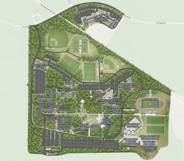 A detailed map of Northwood University campus with labeled buildings, roads, sports fields, and green spaces provides clear directions to your destination.